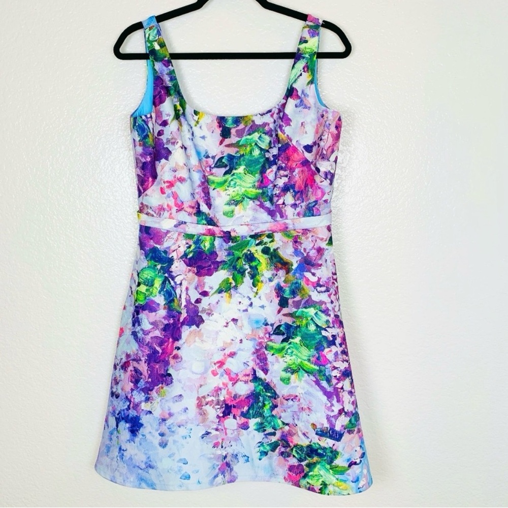 Marchesa Notte Floral Mini Dress Womens 10 Watercolor Blue Purple Cocktail Party